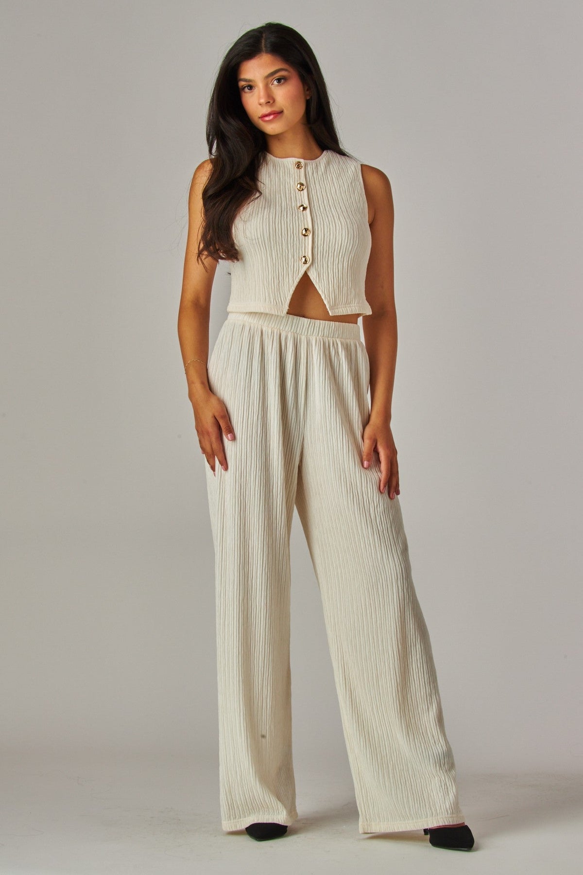 Plissé Waistcoat & Wide-Leg Pants Set